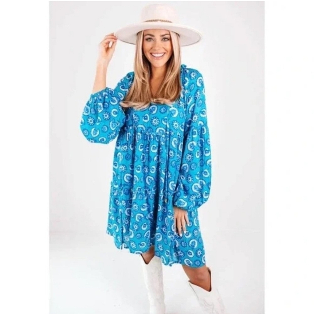 J. Marie The Tamera Long Puff Sleeve Mini Boho Swing Dress Size LG Women's